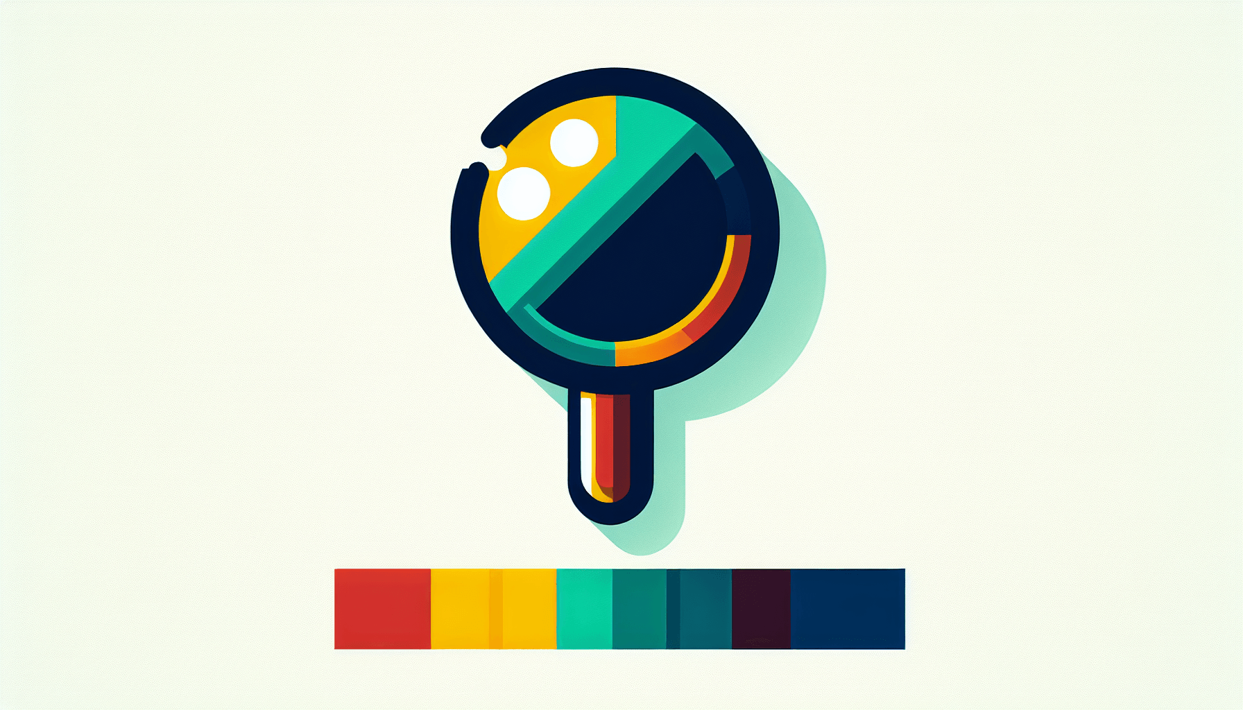 Magnifying glass in flat illustration style and white background, red #f47574, green #88c7a8, yellow #fcc44b, and blue #645bc8 colors.