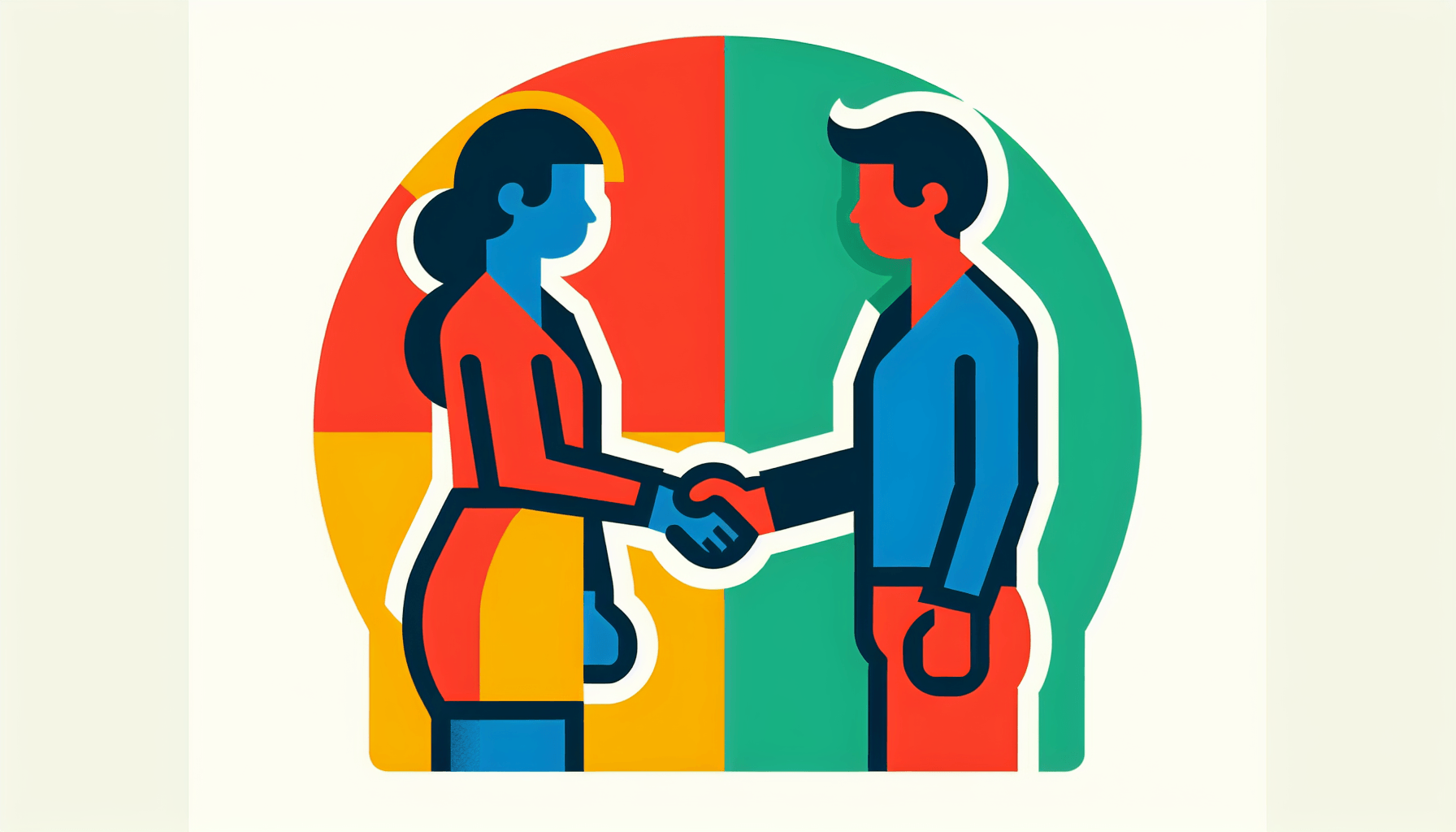 Handshake in flat illustration style and white background, red #f47574, green #88c7a8, yellow #fcc44b, and blue #645bc8 colors.