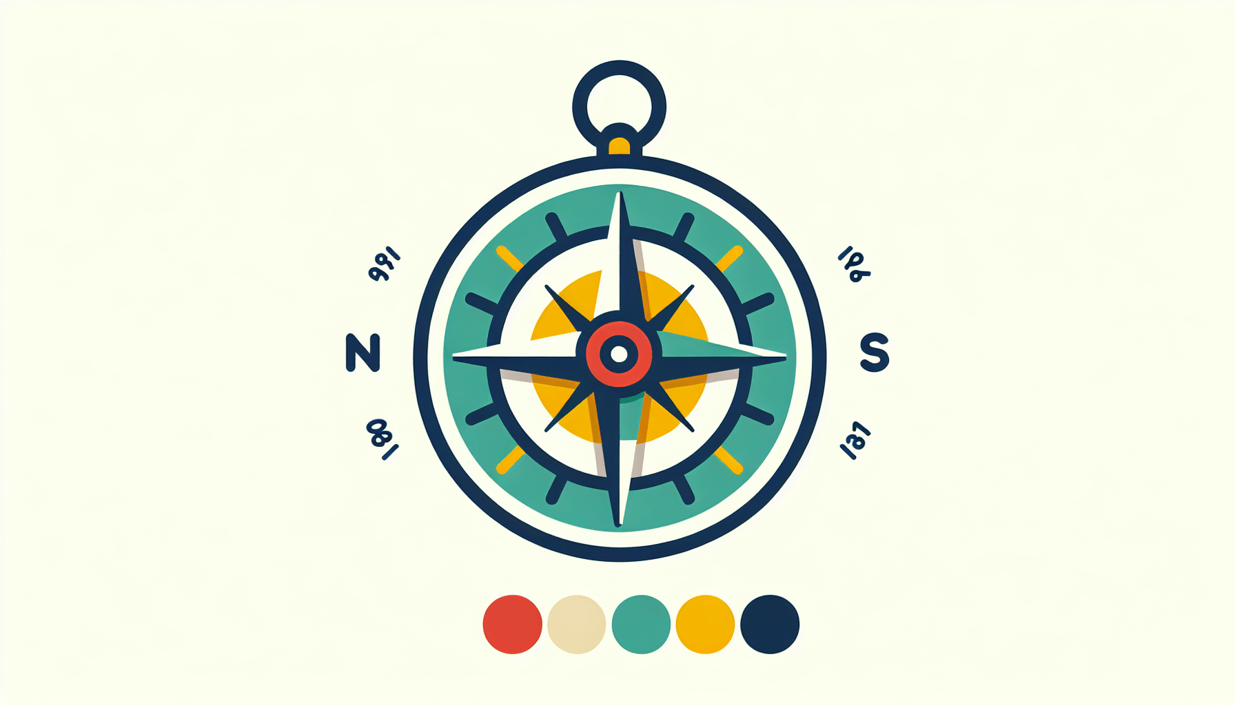 Compass in flat illustration style and white background, red #f47574, green #88c7a8, yellow #fcc44b, and blue #645bc8 colors.