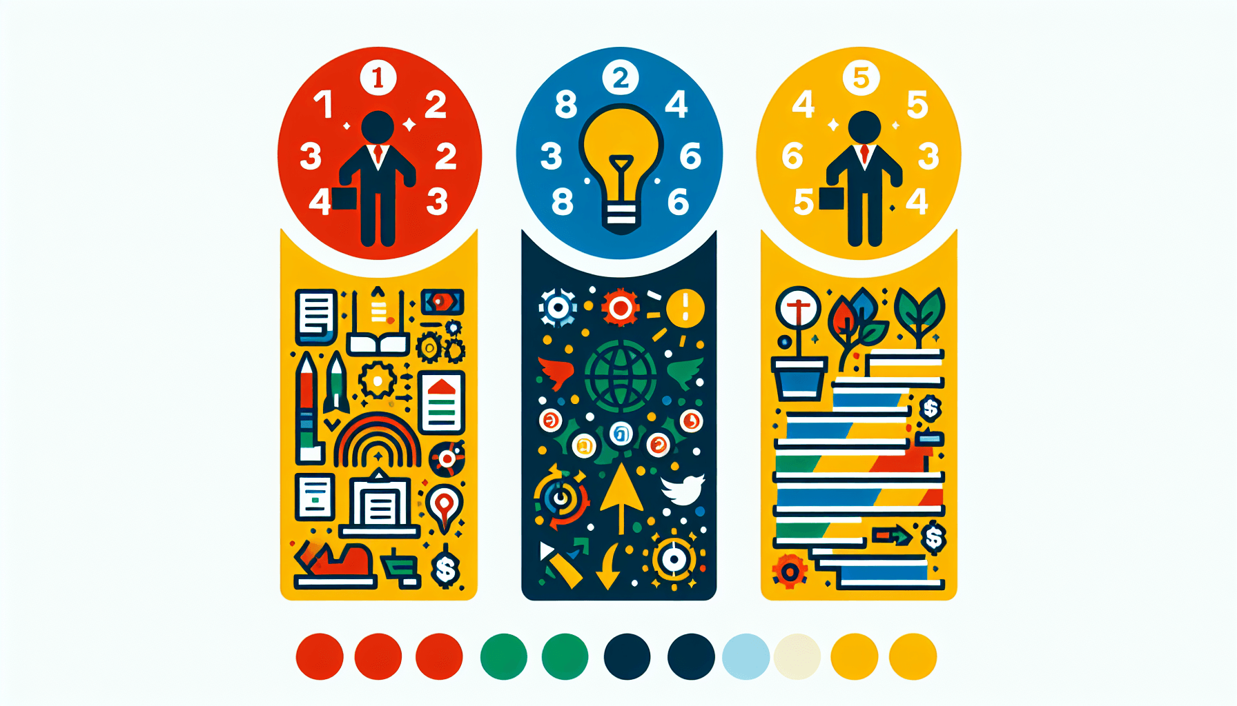 What are the 5 steps of entrepreneurial success? in flat illustration style and white background, red #f47574, green #88c7a8, yellow #fcc44b, and blue #645bc8 colors.