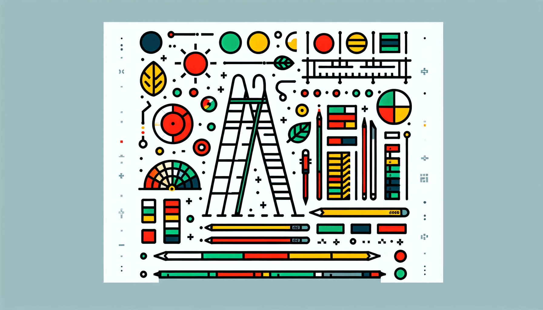 Ladder in flat illustration style and white background, red #f47574, green #88c7a8, yellow #fcc44b, and blue #645bc8 colors.