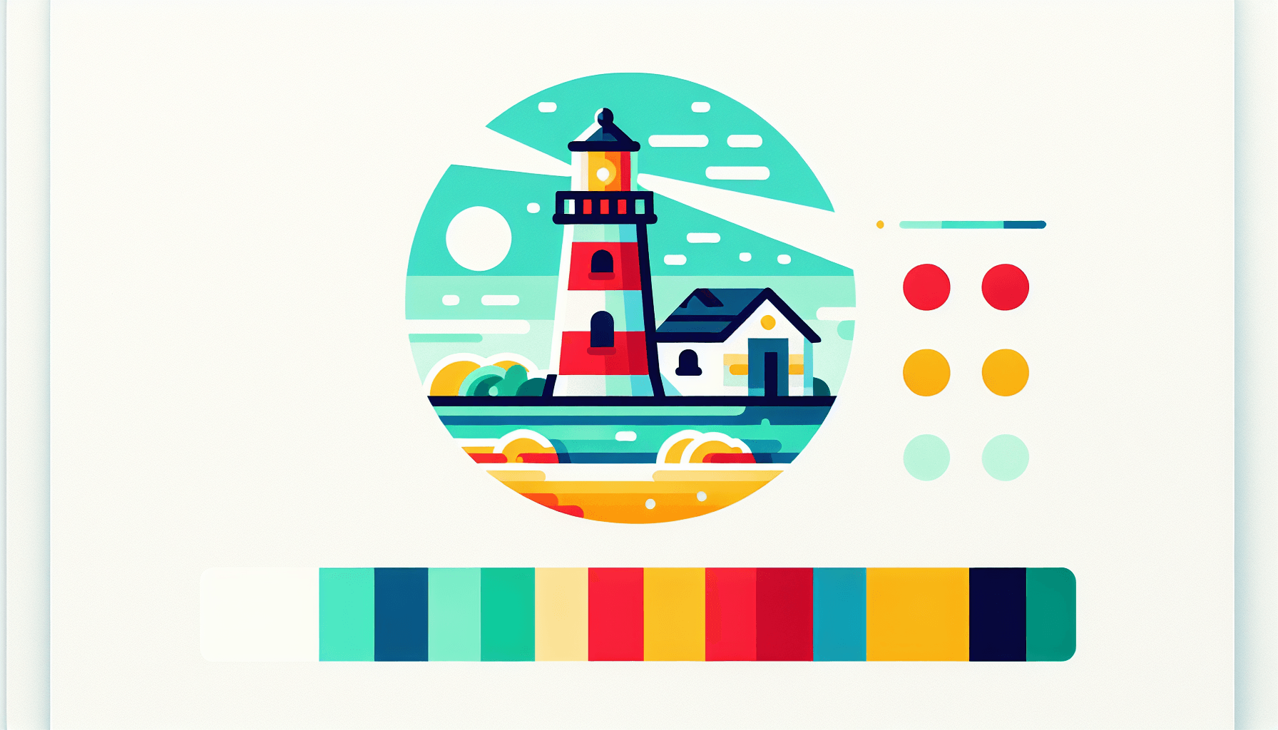Lighthouse in flat illustration style and white background, red #f47574, green #88c7a8, yellow #fcc44b, and blue #645bc8 colors.
