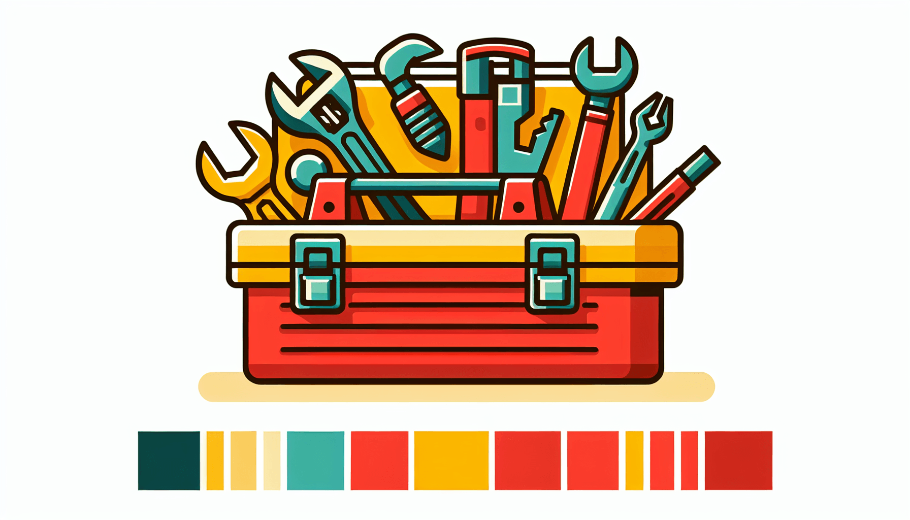 Toolbox in flat illustration style and white background, red #f47574, green #88c7a8, yellow #fcc44b, and blue #645bc8 colors.