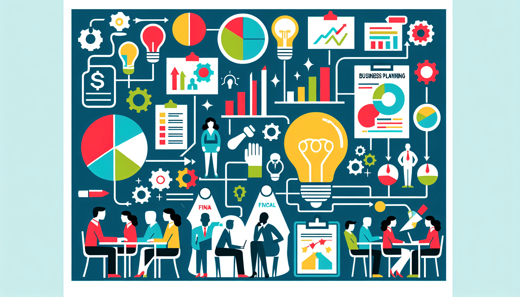 Key activities business planning in flat illustration style and white background, red #f47574, green #88c7a8, yellow #fcc44b, and blue #645bc8 colors.