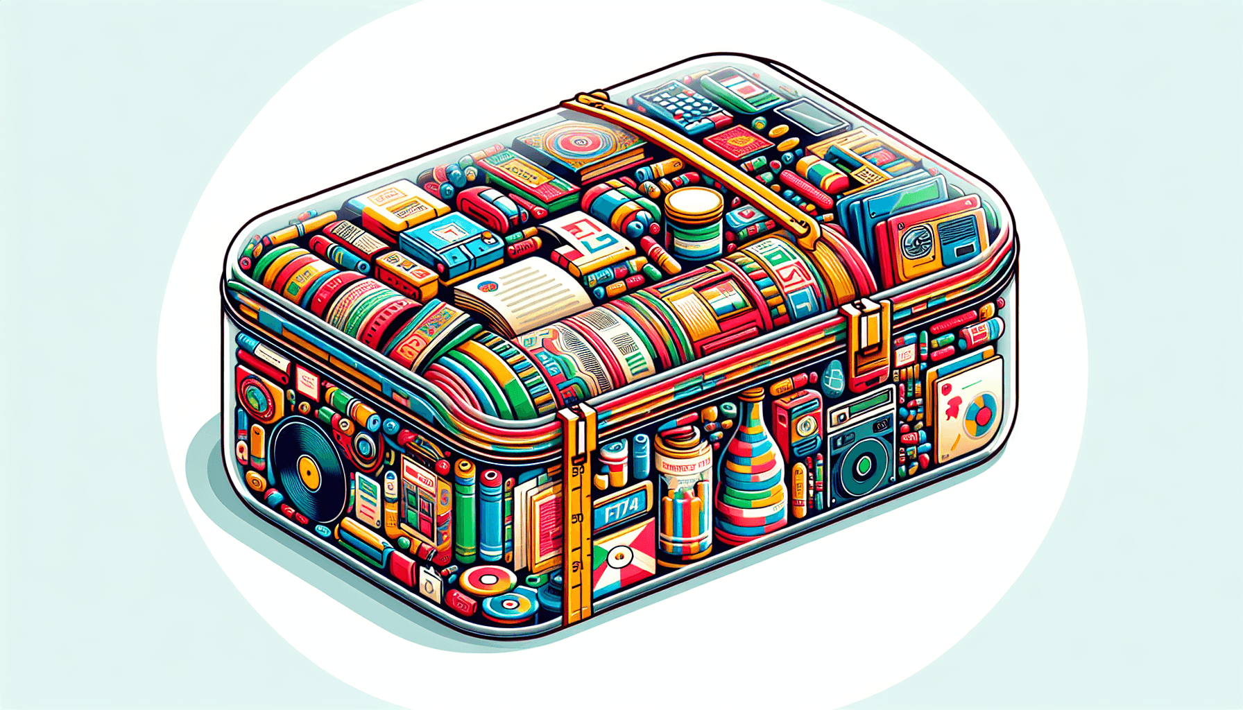 Time capsule in flat illustration style and white background, red #f47574, green #88c7a8, yellow #fcc44b, and blue #645bc8 colors.