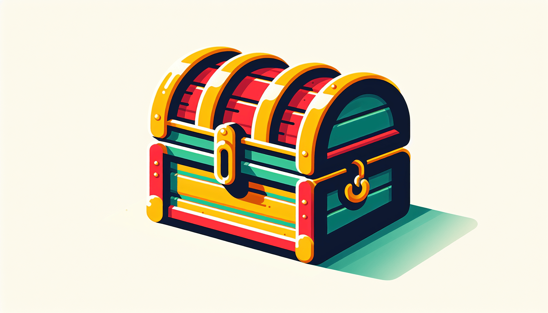 Treasure chest in flat illustration style and white background, red #f47574, green #88c7a8, yellow #fcc44b, and blue #645bc8 colors.