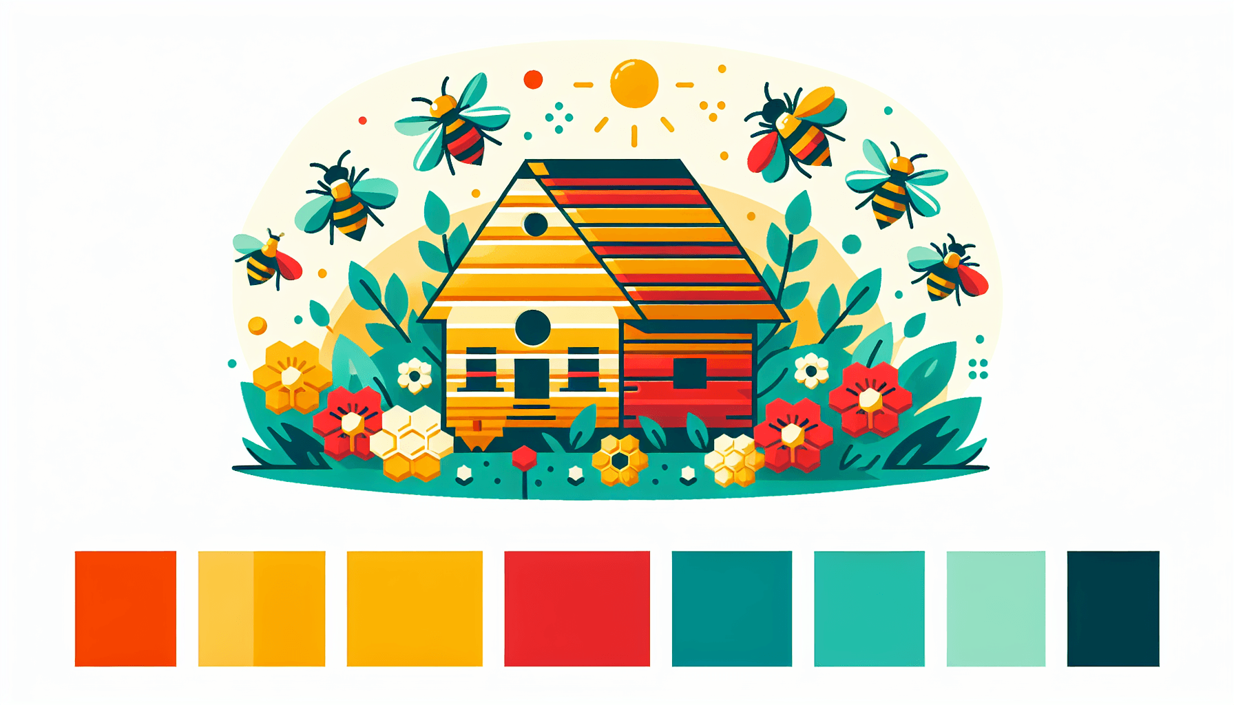 Beehive in flat illustration style and white background, red #f47574, green #88c7a8, yellow #fcc44b, and blue #645bc8 colors.