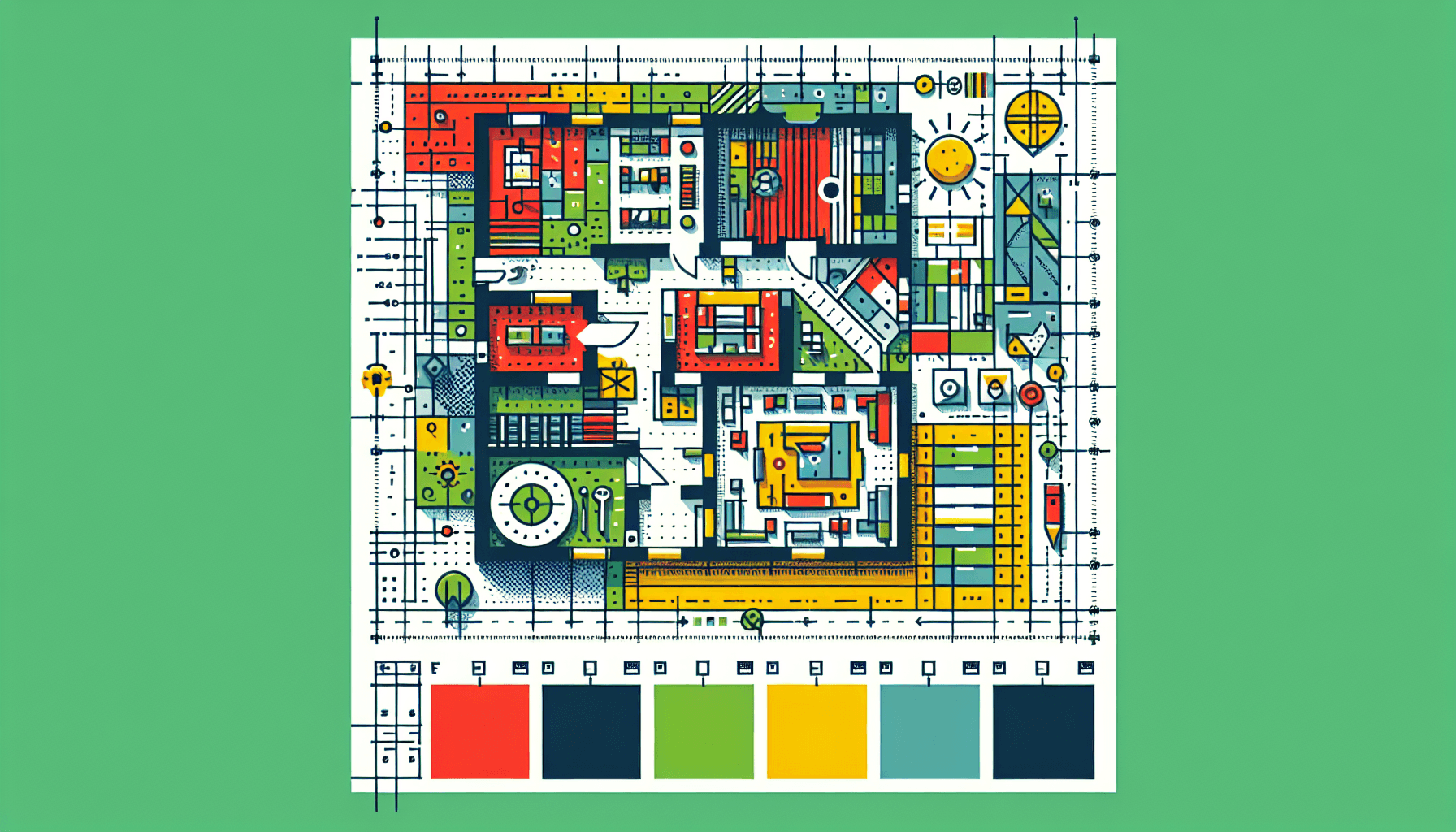 Blueprint in flat illustration style and white background, red #f47574, green #88c7a8, yellow #fcc44b, and blue #645bc8 colors.