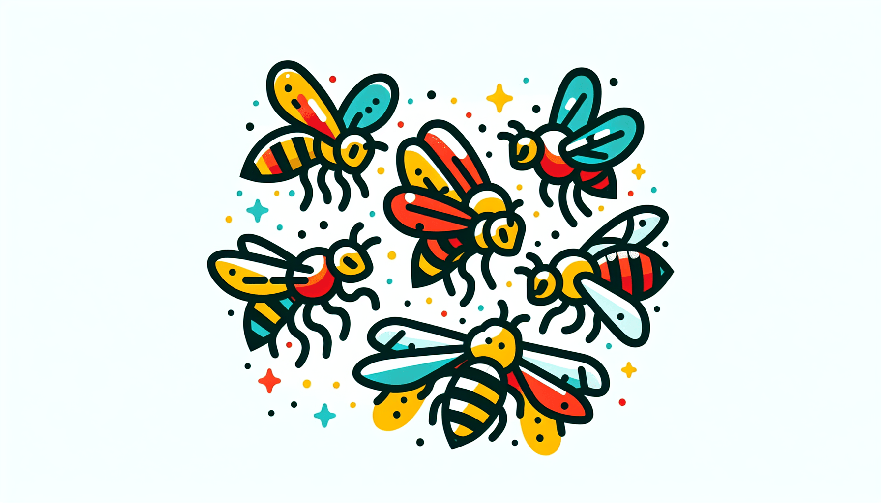 Bees in flat illustration style and white background, red #f47574, green #88c7a8, yellow #fcc44b, and blue #645bc8 colors.