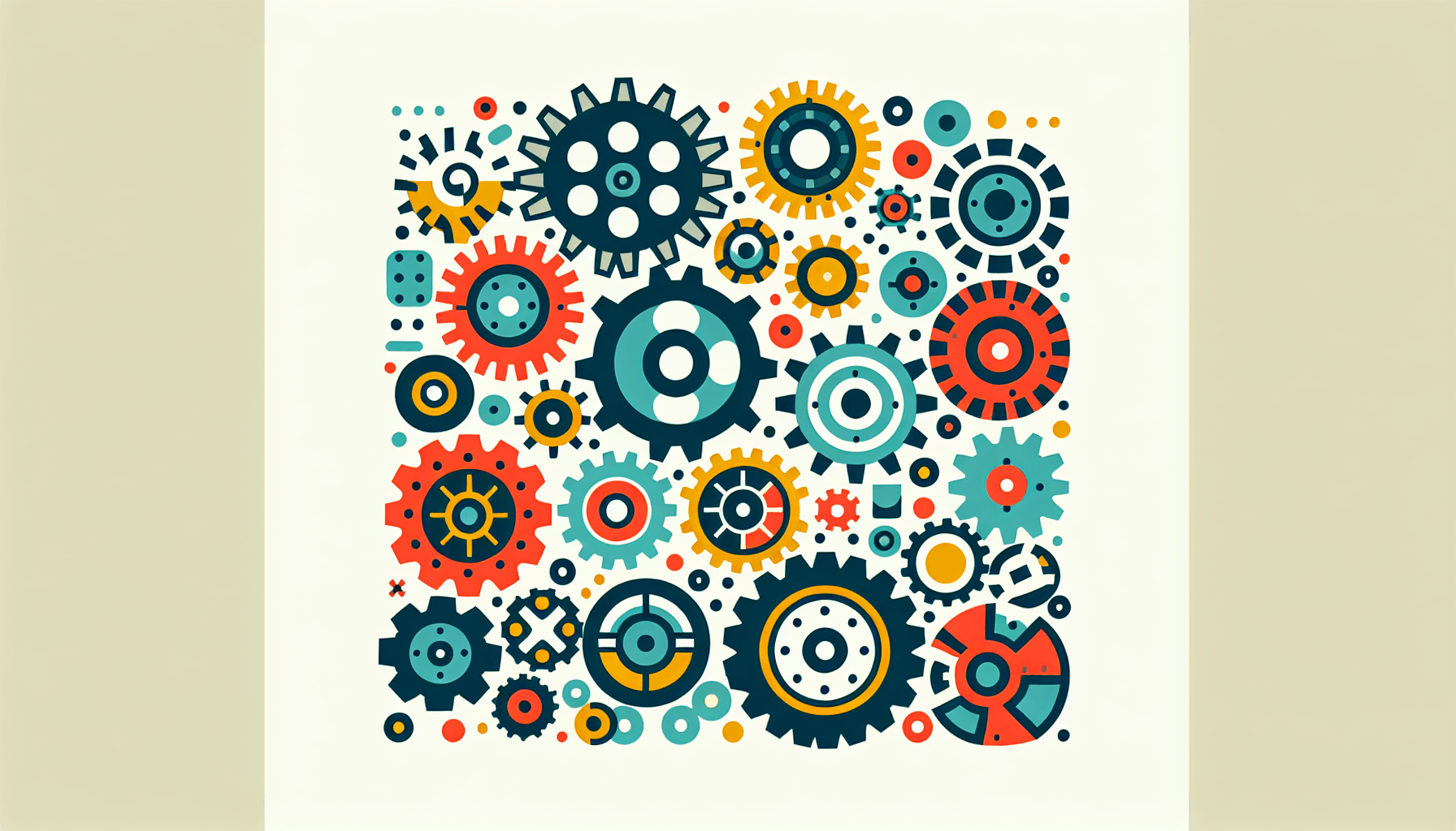 Gear in flat illustration style and white background, red #f47574, green #88c7a8, yellow #fcc44b, and blue #645bc8 colors.