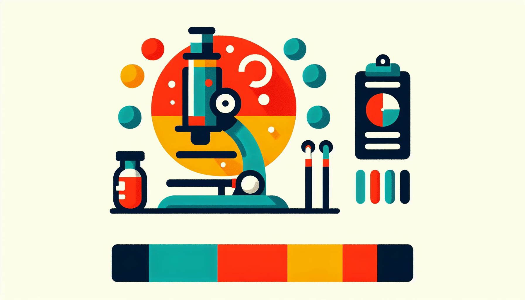 Microscope in flat illustration style and white background, red #f47574, green #88c7a8, yellow #fcc44b, and blue #645bc8 colors.