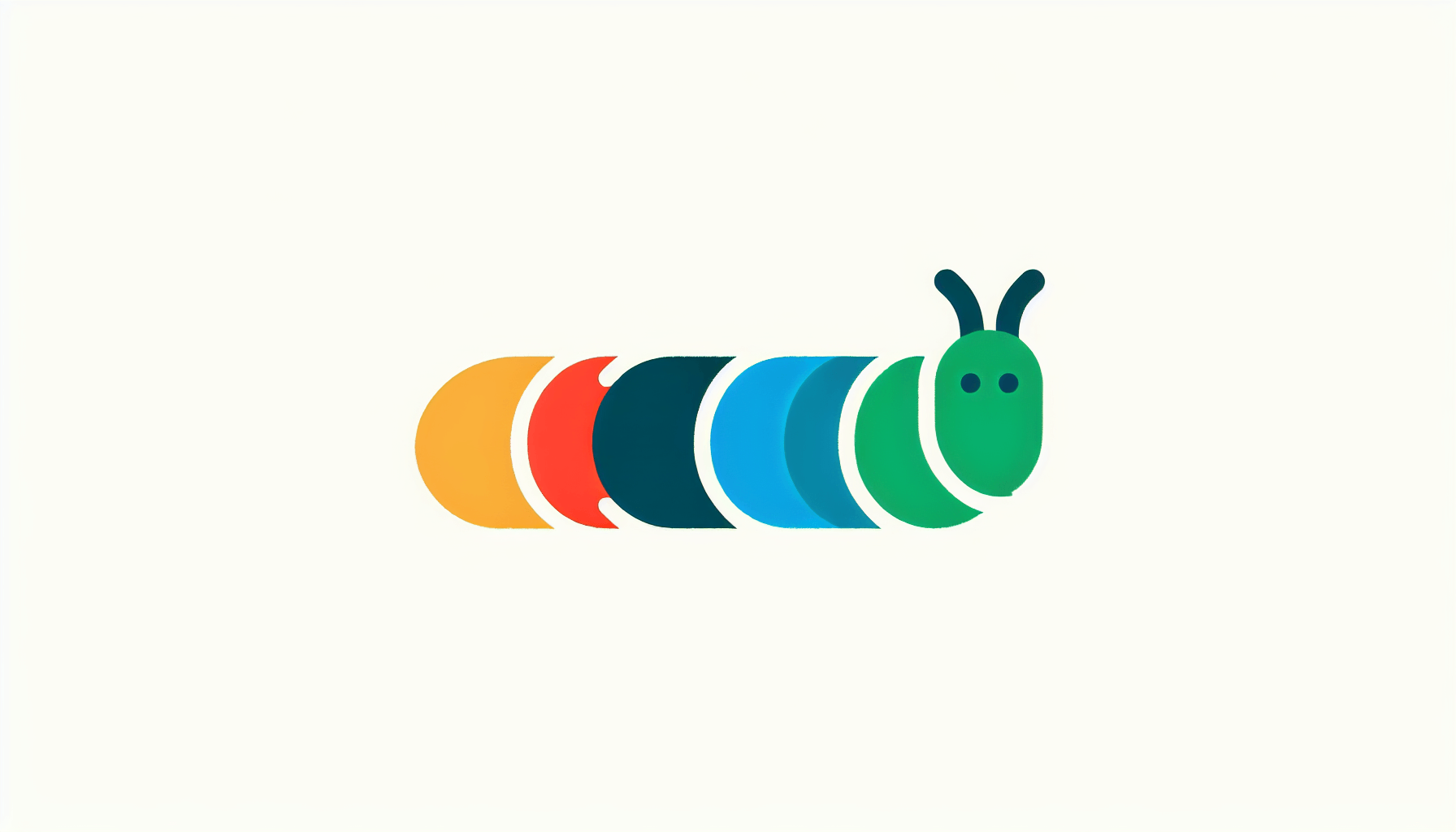 Caterpillar in flat illustration style and white background, red #f47574, green #88c7a8, yellow #fcc44b, and blue #645bc8 colors.