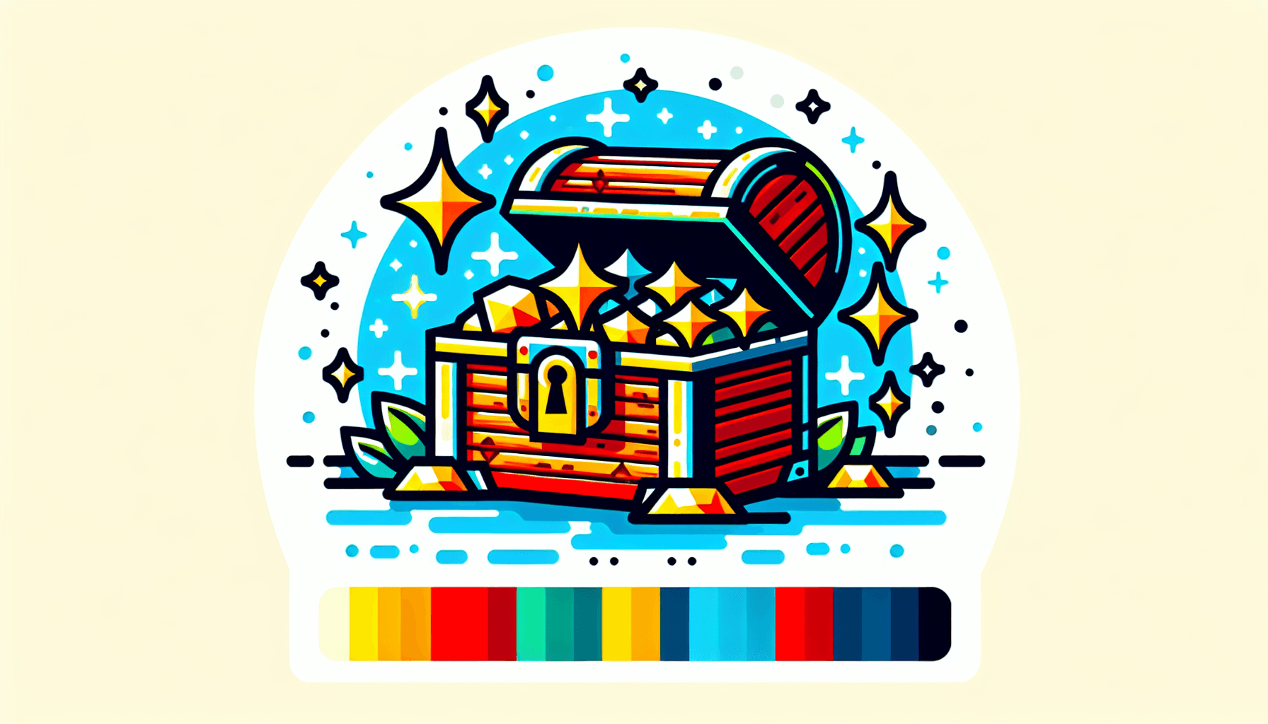 Treasure chest in flat illustration style and white background, red #f47574, green #88c7a8, yellow #fcc44b, and blue #645bc8 colors.