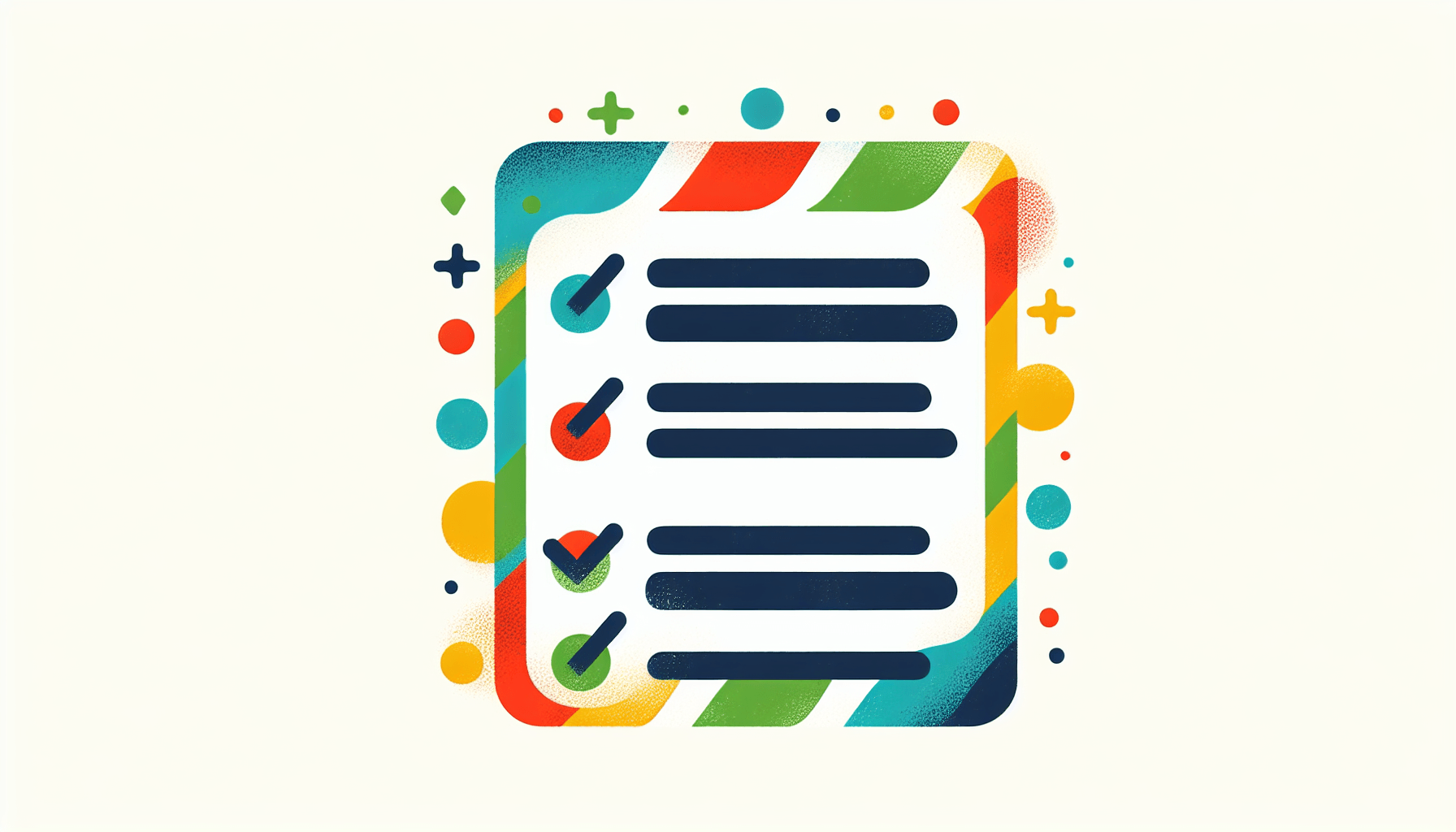 Checklist in flat illustration style and white background, red #f47574, green #88c7a8, yellow #fcc44b, and blue #645bc8 colors.