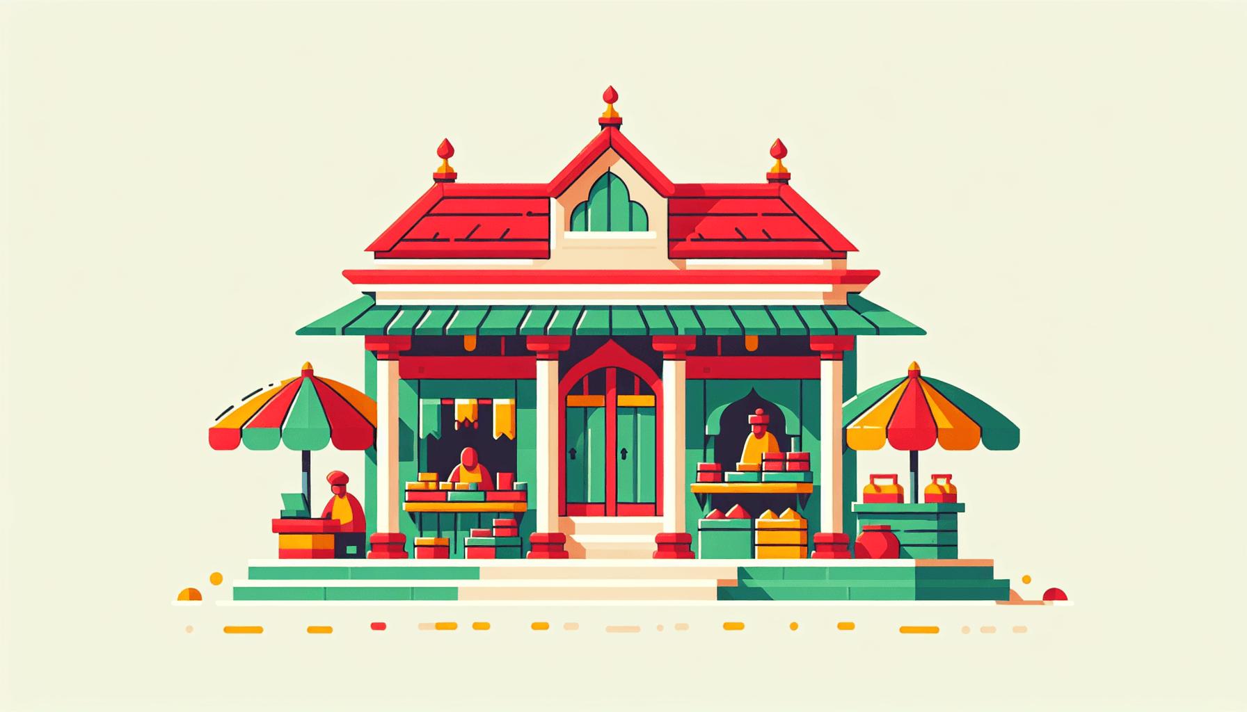 Trading post in flat illustration style and white background, red #f47574, green #88c7a8, yellow #fcc44b, and blue #645bc8 colors.