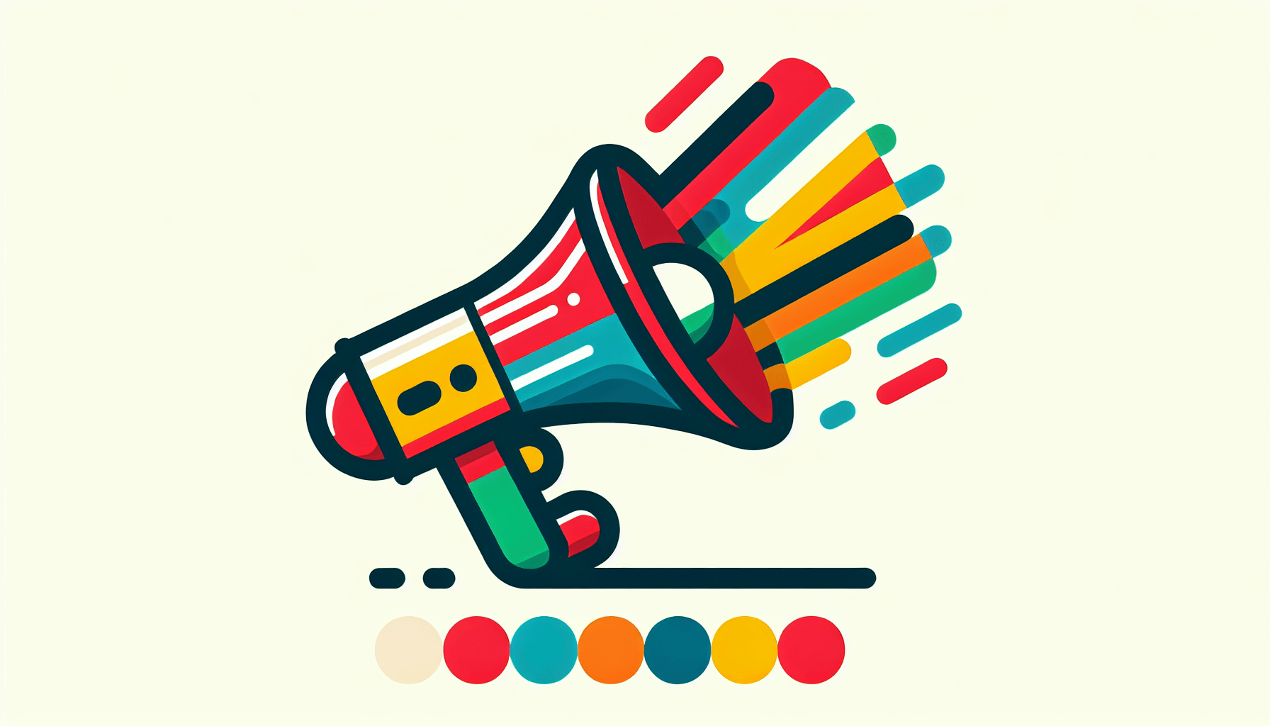 Megaphone in flat illustration style and white background, red #f47574, green #88c7a8, yellow #fcc44b, and blue #645bc8 colors.