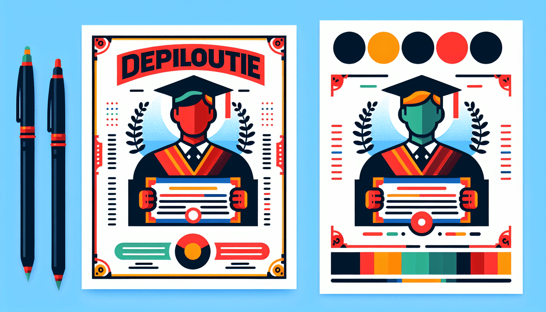 Diploma in flat illustration style and white background, red #f47574, green #88c7a8, yellow #fcc44b, and blue #645bc8 colors.