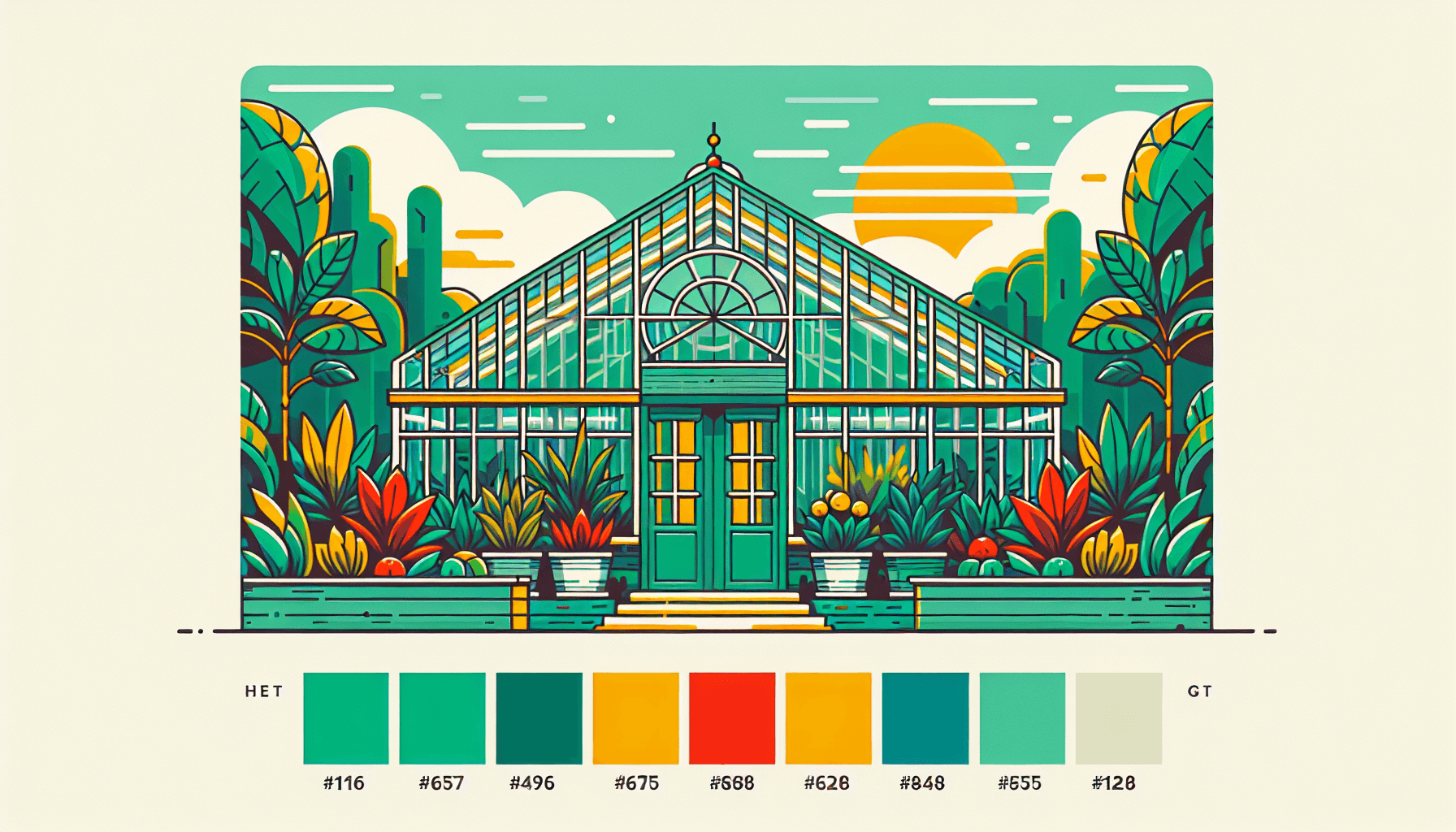 Greenhouse in flat illustration style and white background, red #f47574, green #88c7a8, yellow #fcc44b, and blue #645bc8 colors.