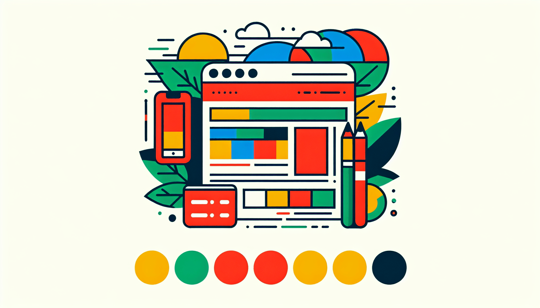 Web in flat illustration style and white background, red #f47574, green #88c7a8, yellow #fcc44b, and blue #645bc8 colors.