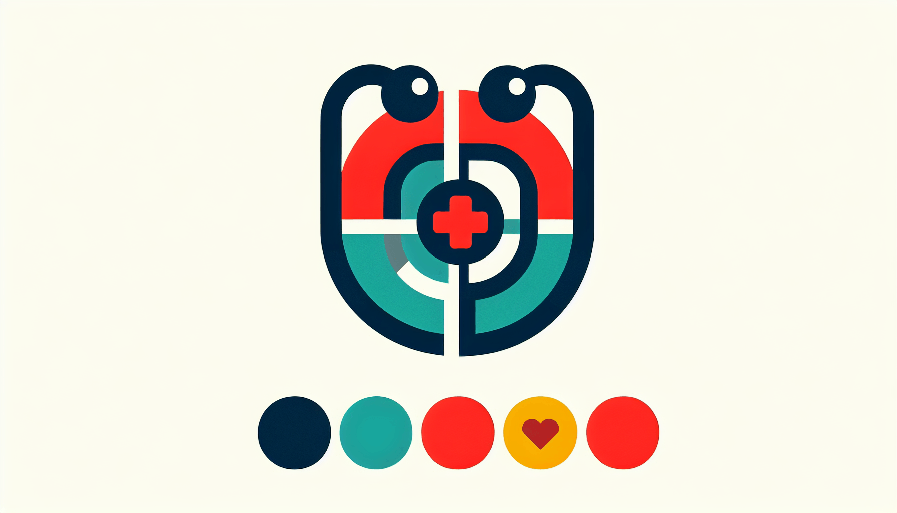Stethoscope in flat illustration style and white background, red #f47574, green #88c7a8, yellow #fcc44b, and blue #645bc8 colors.