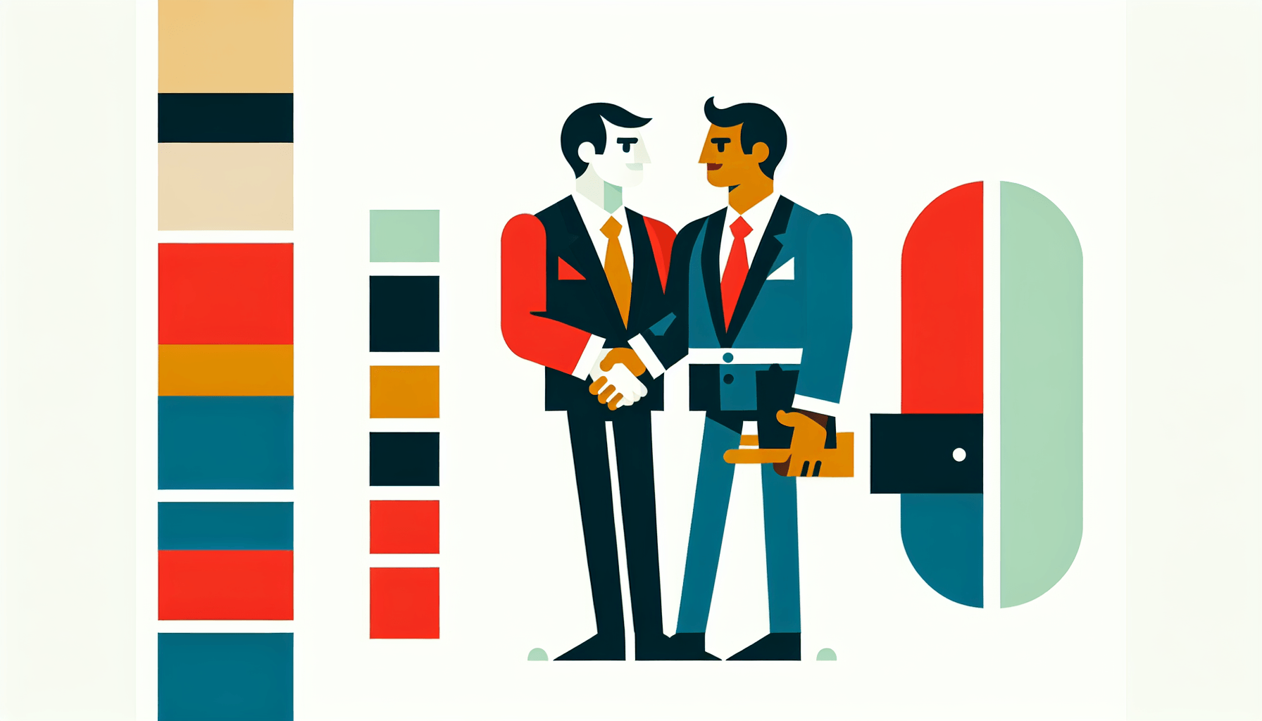 Handshake in flat illustration style and white background, red #f47574, green #88c7a8, yellow #fcc44b, and blue #645bc8 colors.