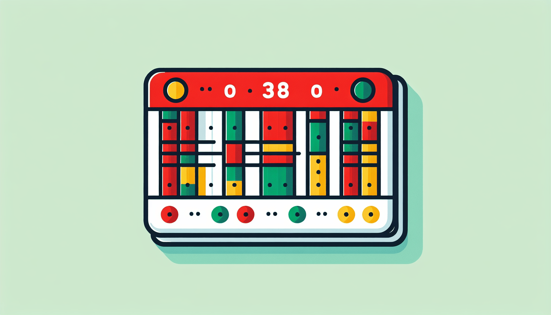 Scorecard in flat illustration style and white background, red #f47574, green #88c7a8, yellow #fcc44b, and blue #645bc8 colors.