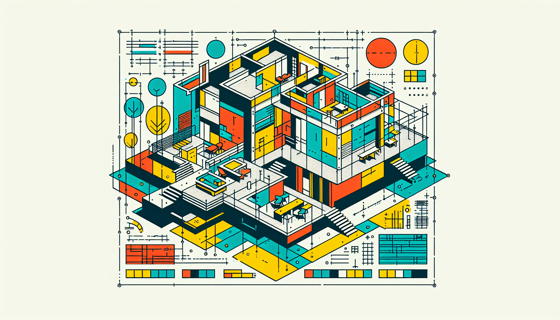 Blueprint in flat illustration style and white background, red #f47574, green #88c7a8, yellow #fcc44b, and blue #645bc8 colors.