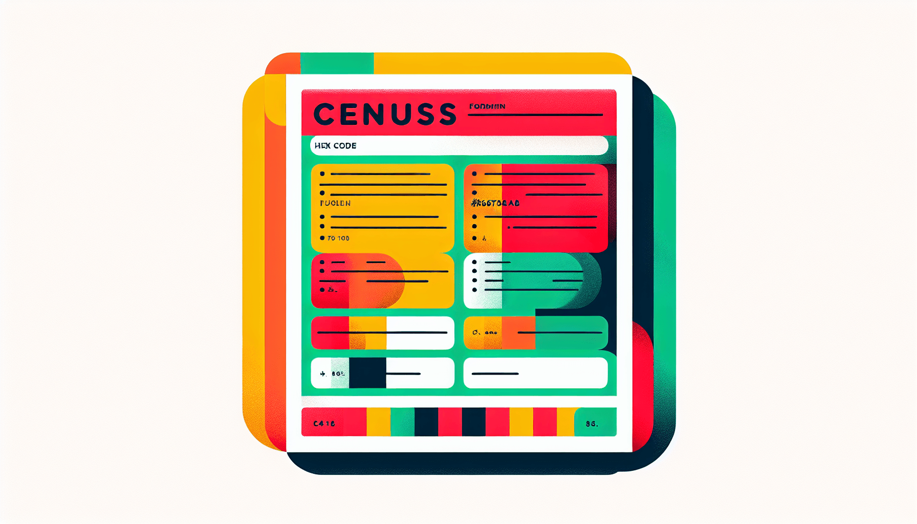 Census form in flat illustration style and white background, red #f47574, green #88c7a8, yellow #fcc44b, and blue #645bc8 colors.