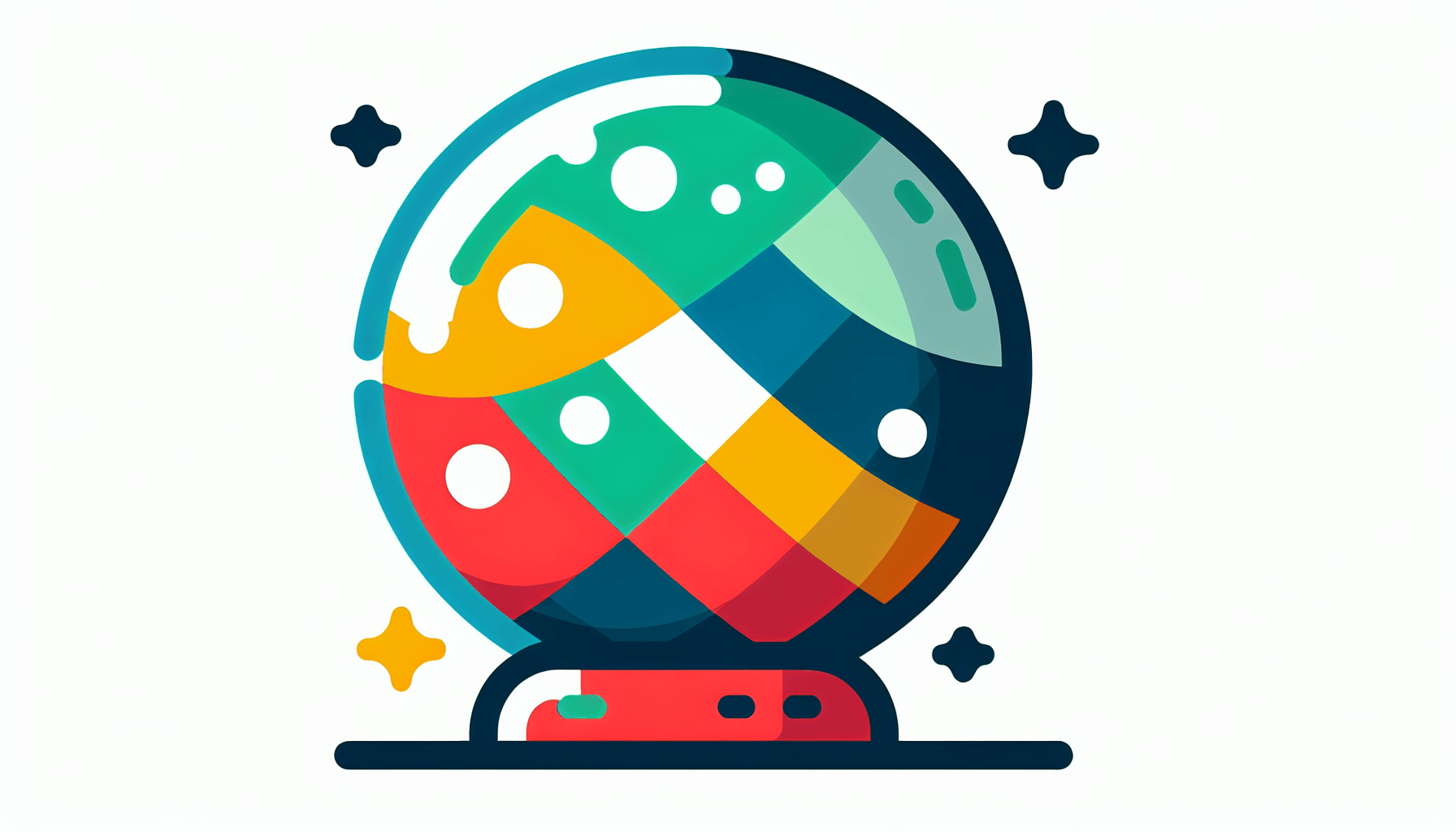 Crystal ball in flat illustration style and white background, red #f47574, green #88c7a8, yellow #fcc44b, and blue #645bc8 colors.