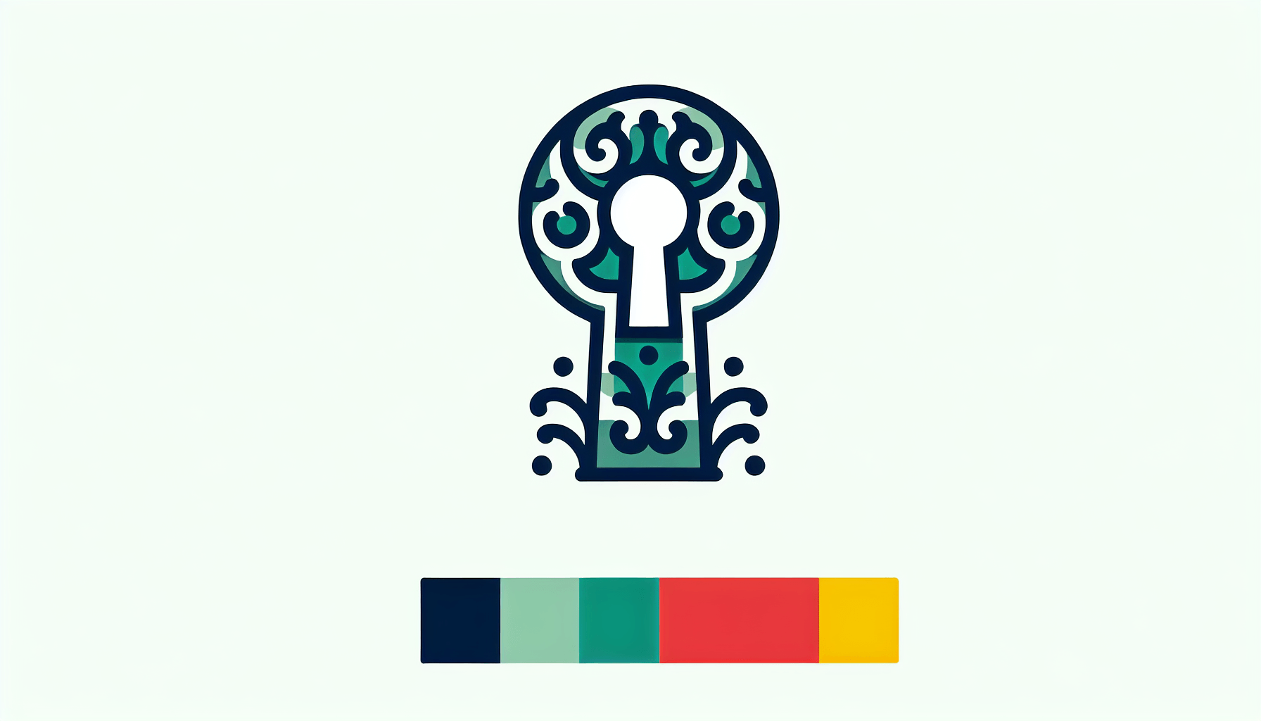 Keyhole in flat illustration style and white background, red #f47574, green #88c7a8, yellow #fcc44b, and blue #645bc8 colors.