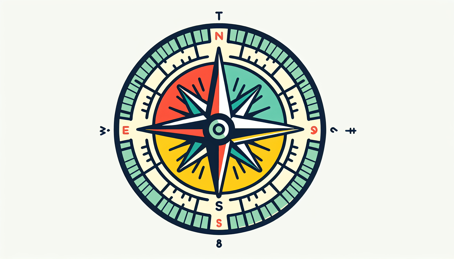 Compass in flat illustration style and white background, red #f47574, green #88c7a8, yellow #fcc44b, and blue #645bc8 colors.