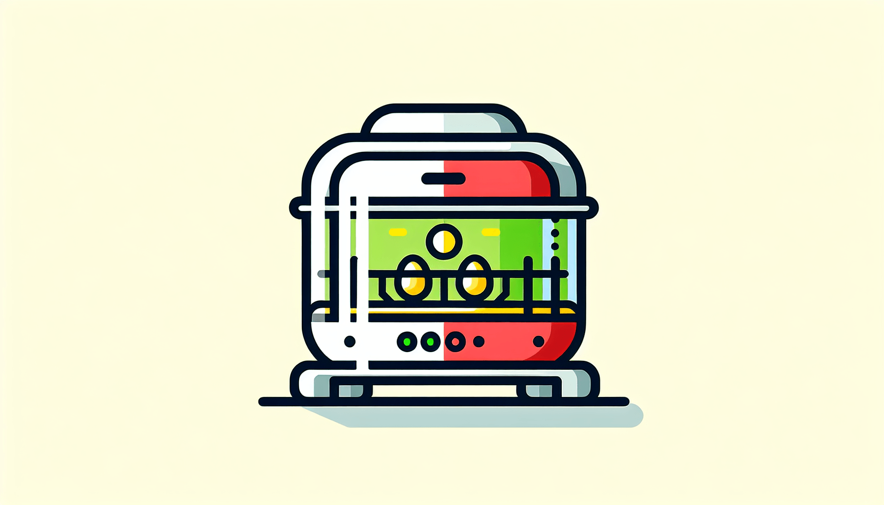 Incubator in flat illustration style and white background, red #f47574, green #88c7a8, yellow #fcc44b, and blue #645bc8 colors.