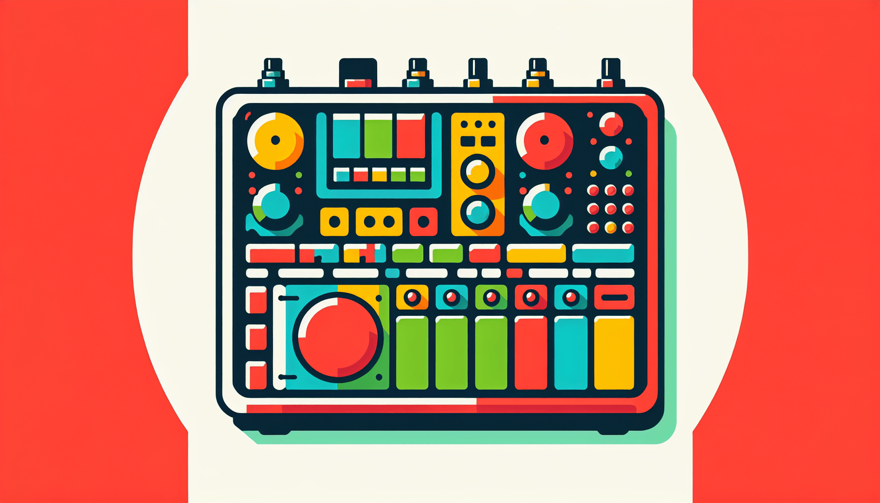 Drum machine in flat illustration style and white background, red #f47574, green #88c7a8, yellow #fcc44b, and blue #645bc8 colors.