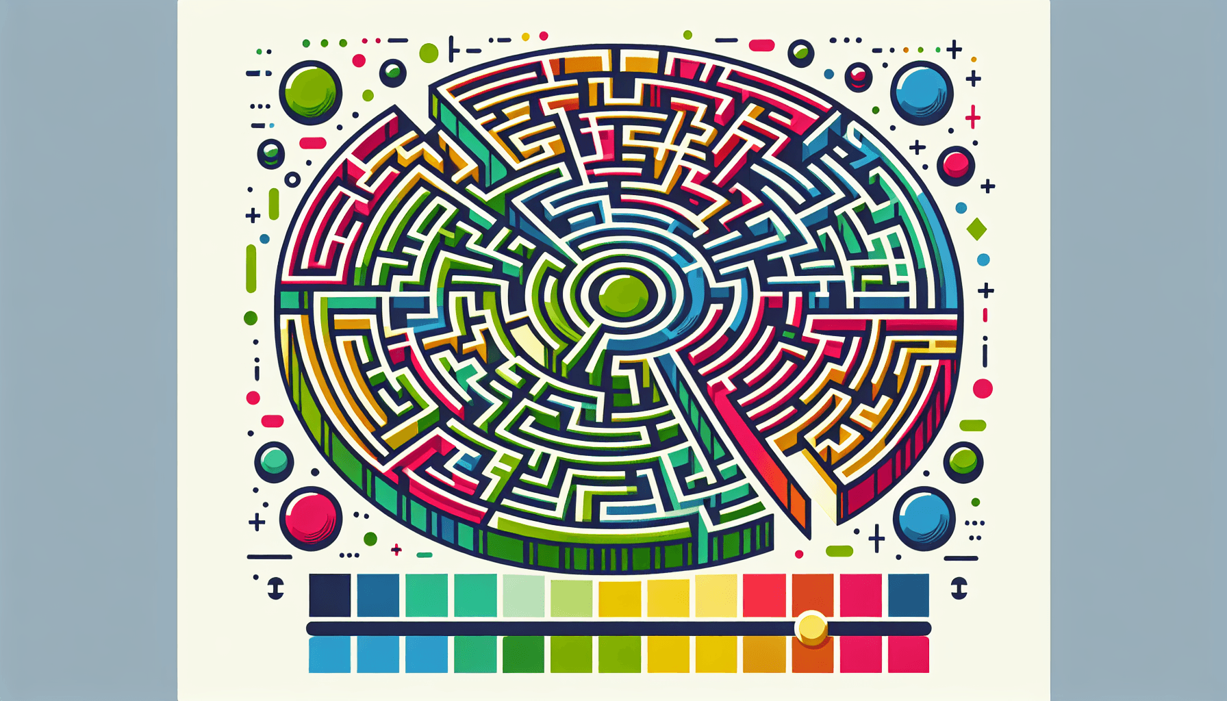 Maze in flat illustration style and white background, red #f47574, green #88c7a8, yellow #fcc44b, and blue #645bc8 colors.