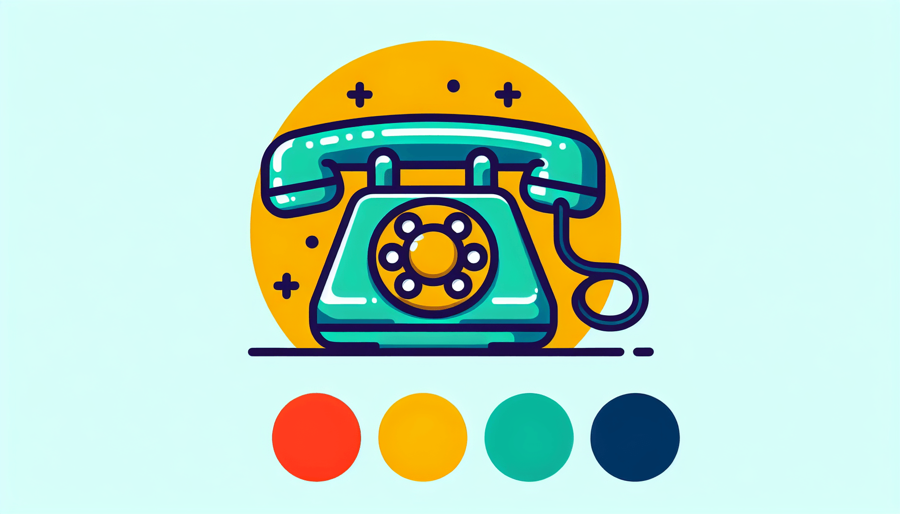 Telephone in flat illustration style and white background, red #f47574, green #88c7a8, yellow #fcc44b, and blue #645bc8 colors.