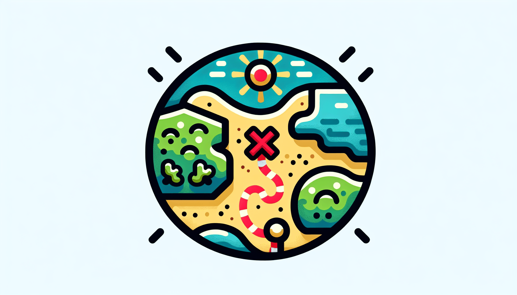 Treasure map in flat illustration style and white background, red #f47574, green #88c7a8, yellow #fcc44b, and blue #645bc8 colors.