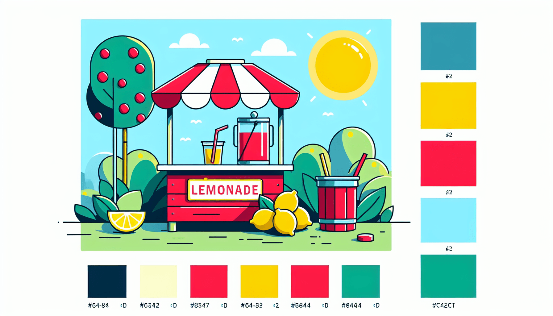 Lemonade stand in flat illustration style and white background, red #f47574, green #88c7a8, yellow #fcc44b, and blue #645bc8 colors.