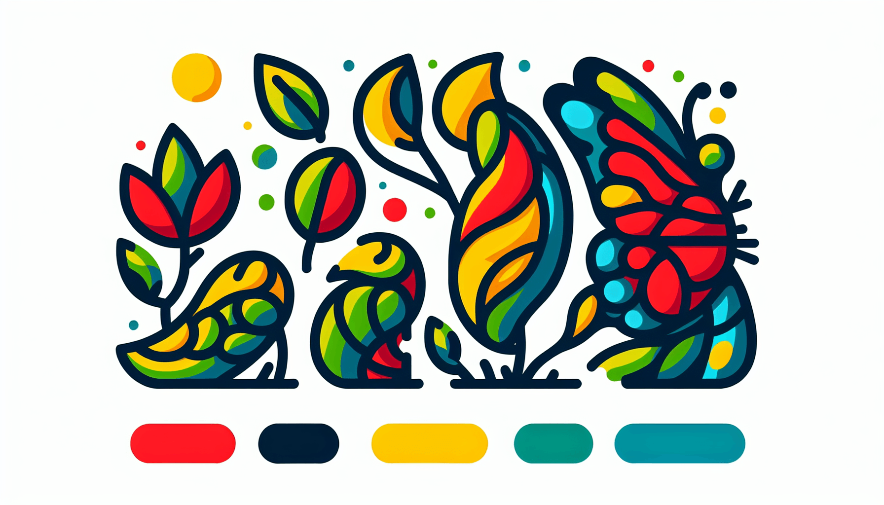 Metamorphosis in flat illustration style and white background, red #f47574, green #88c7a8, yellow #fcc44b, and blue #645bc8 colors.