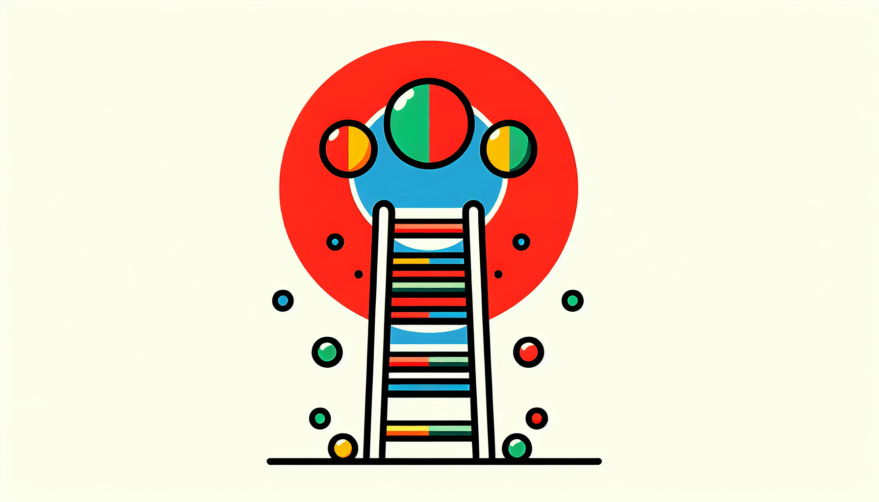 Ladder in flat illustration style and white background, red #f47574, green #88c7a8, yellow #fcc44b, and blue #645bc8 colors.