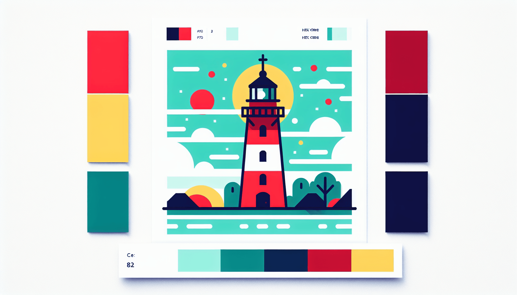 Lighthouse in flat illustration style and white background, red #f47574, green #88c7a8, yellow #fcc44b, and blue #645bc8 colors.