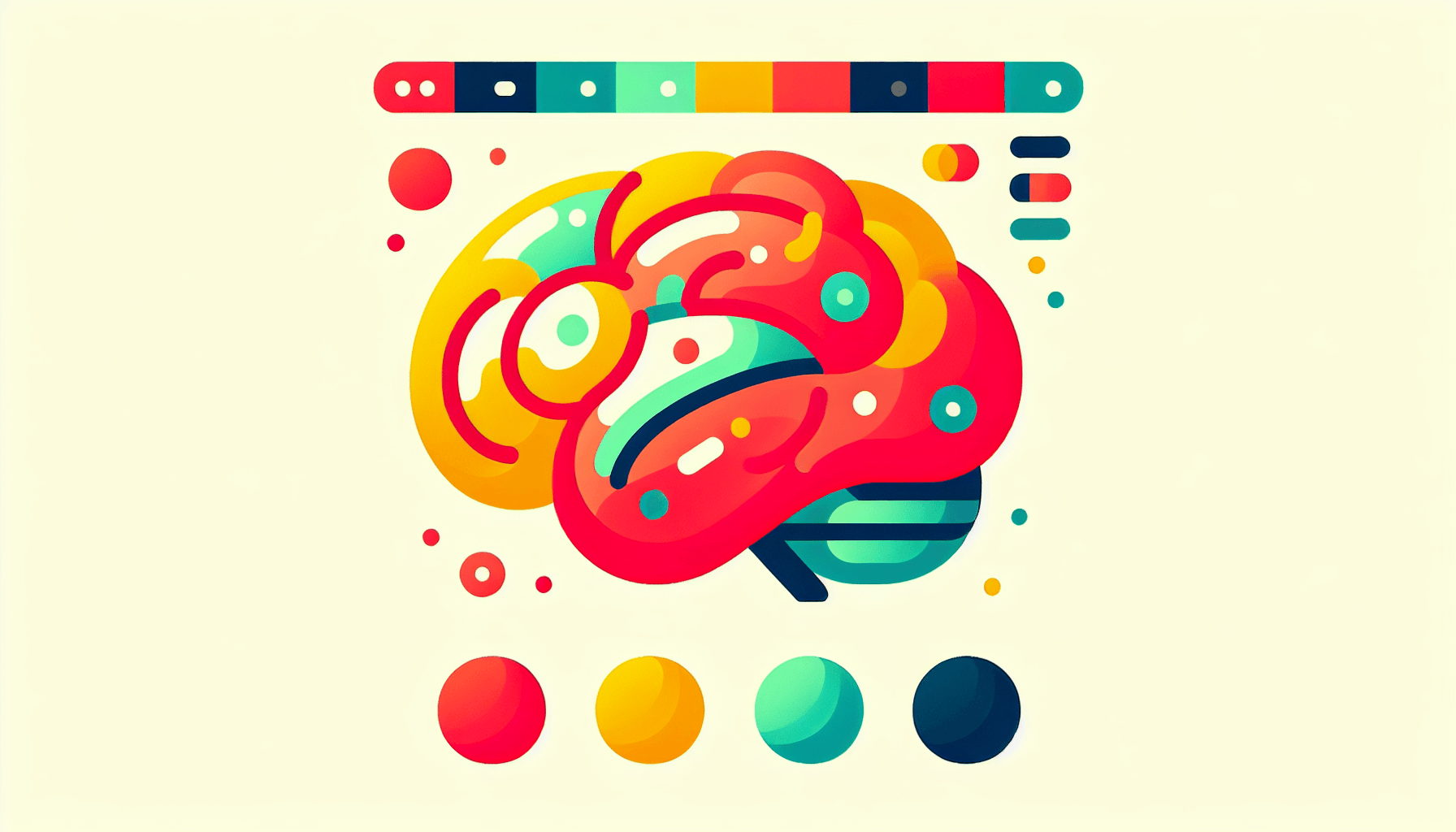 Brain in flat illustration style and white background, red #f47574, green #88c7a8, yellow #fcc44b, and blue #645bc8 colors.
