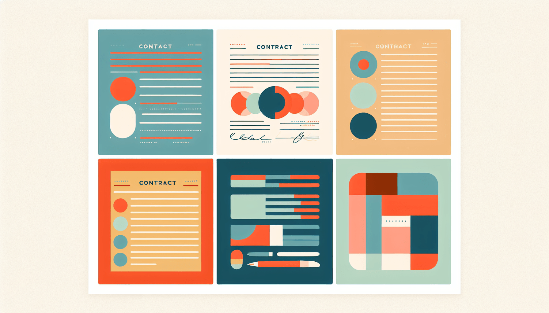 Contract in flat illustration style and white background, red #f47574, green #88c7a8, yellow #fcc44b, and blue #645bc8 colors.