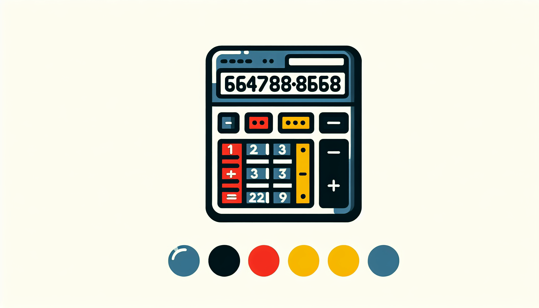 Calculator in flat illustration style and white background, red #f47574, green #88c7a8, yellow #fcc44b, and blue #645bc8 colors.