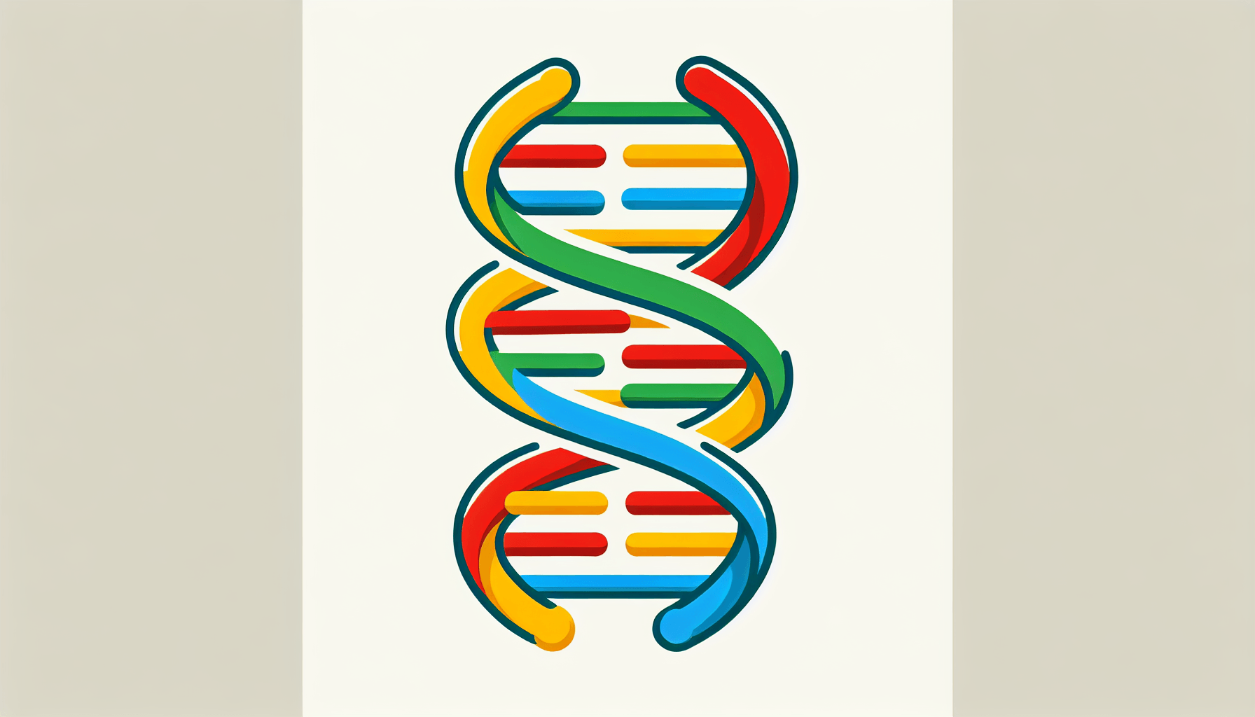DNA helix in flat illustration style and white background, red #f47574, green #88c7a8, yellow #fcc44b, and blue #645bc8 colors.