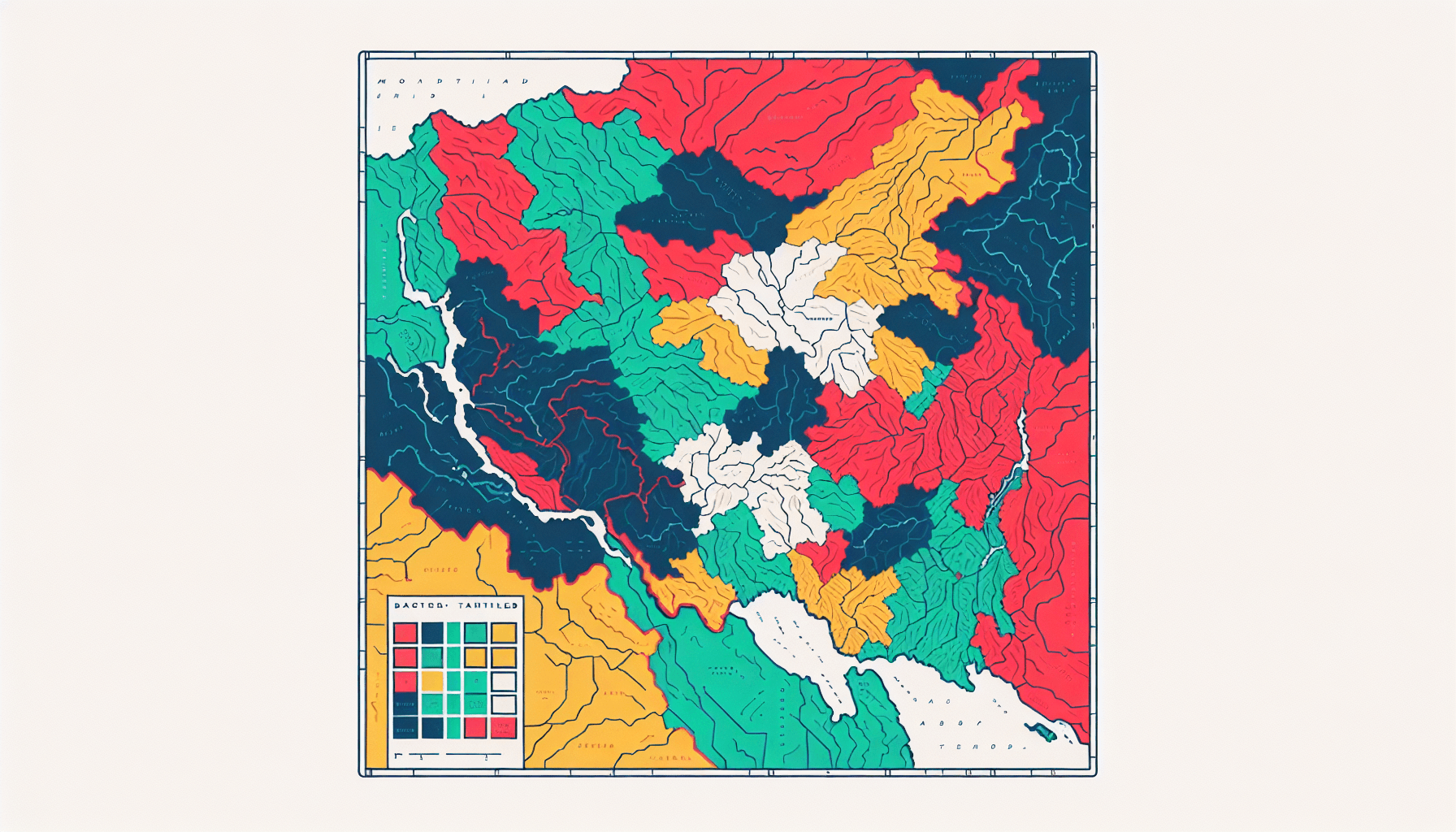 Which of the following describes a strategy canvas? -> Map in flat illustration style and white background, red #f47574, green #88c7a8, yellow #fcc44b, and blue #645bc8 colors.