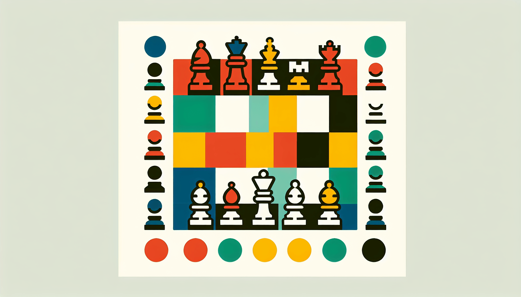 Chessboard in flat illustration style and white background, red #f47574, green #88c7a8, yellow #fcc44b, and blue #645bc8 colors.