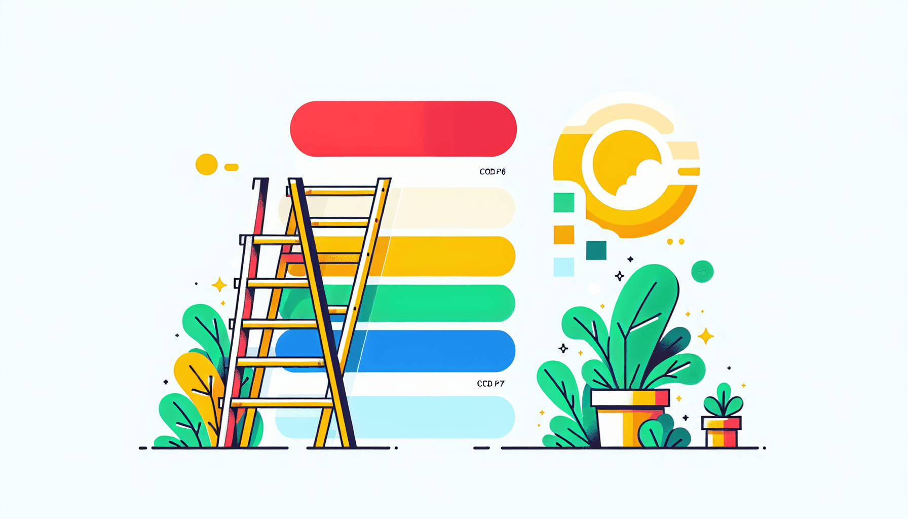 Ladder in flat illustration style and white background, red #f47574, green #88c7a8, yellow #fcc44b, and blue #645bc8 colors.