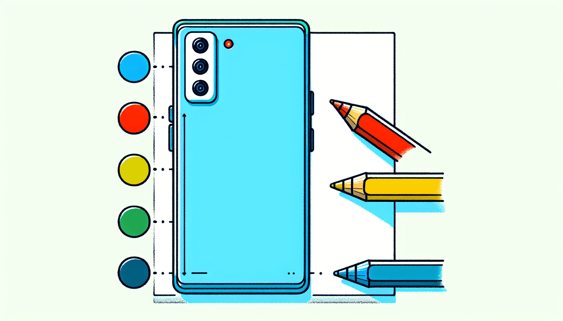Smartphone in flat illustration style and white background, red #f47574, green #88c7a8, yellow #fcc44b, and blue #645bc8 colors.
