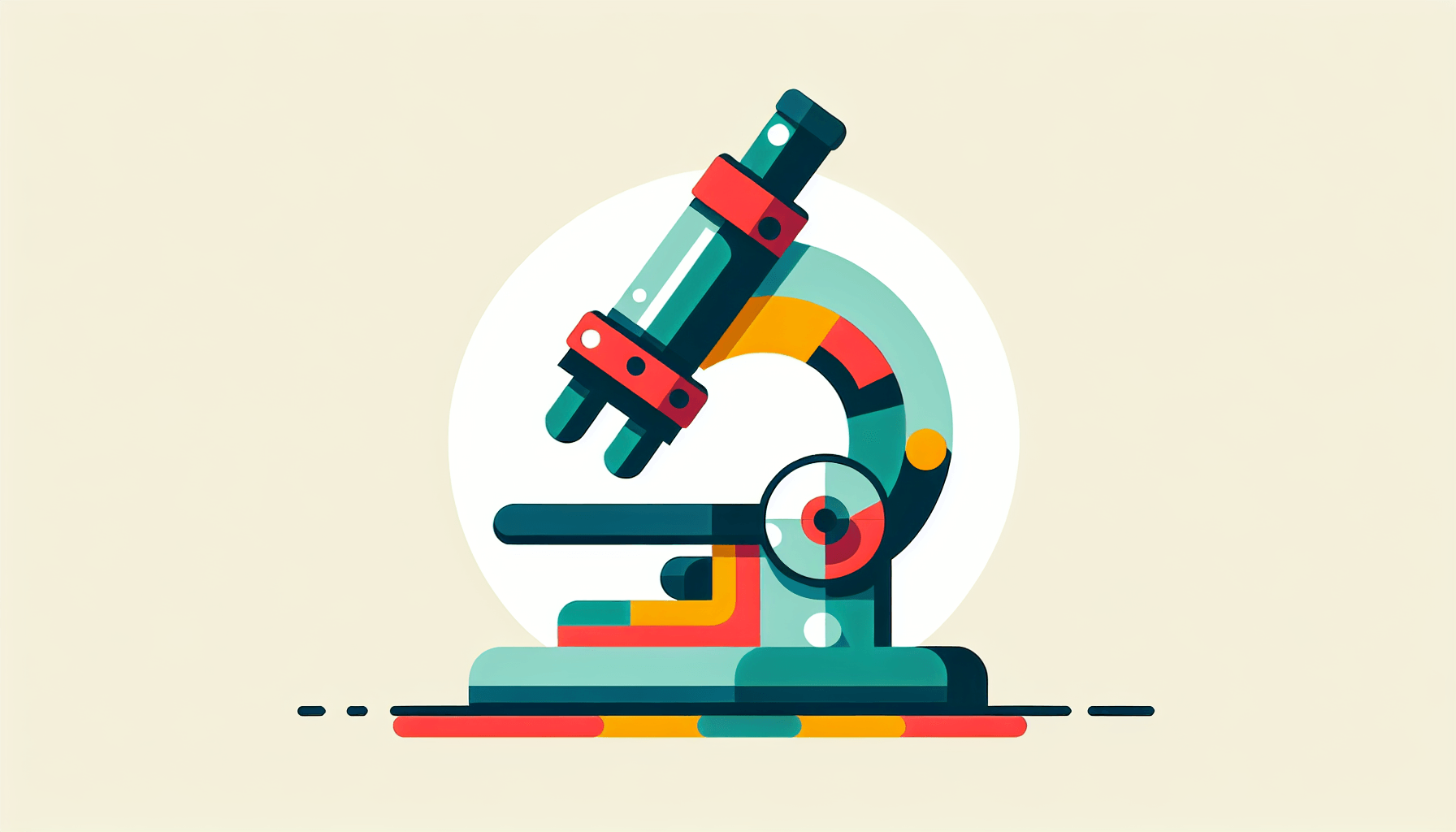 Microscope in flat illustration style and white background, red #f47574, green #88c7a8, yellow #fcc44b, and blue #645bc8 colors.