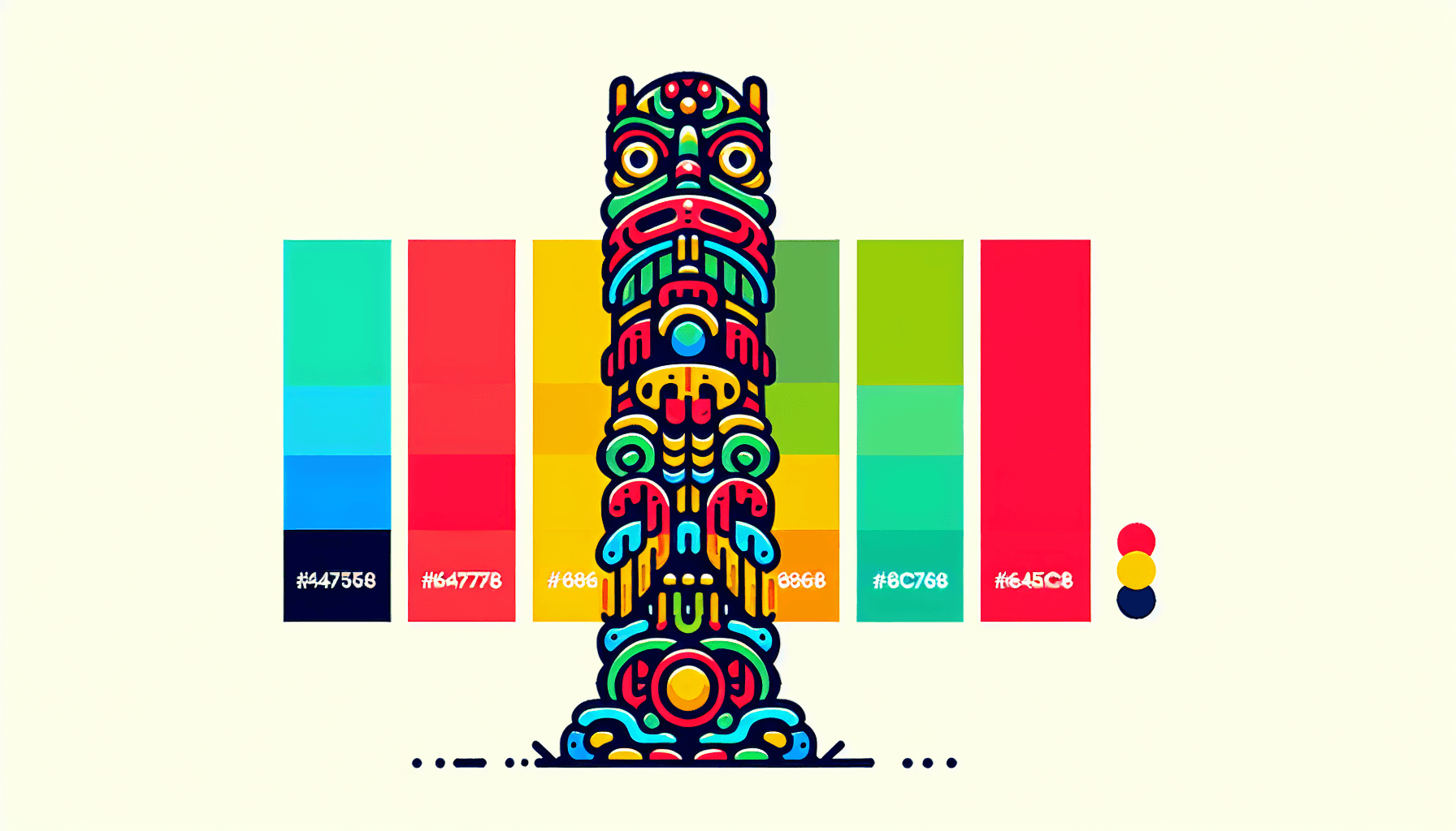 Totem pole in flat illustration style and white background, red #f47574, green #88c7a8, yellow #fcc44b, and blue #645bc8 colors.